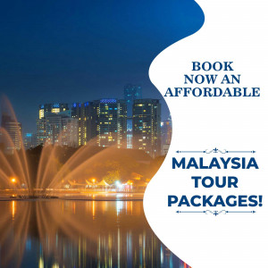 Night view of Kuala Lumpur skyline with fountain and text promoting affordable Malaysia tour packages.