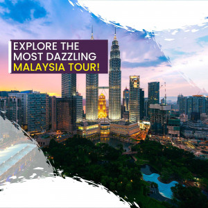 Petronas Twin Towers in Kuala Lumpur, Malaysia with a promotional text overlay.