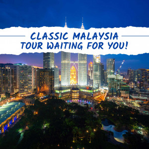 Night view of Kuala Lumpur skyline with Petronas Towers and promotional text