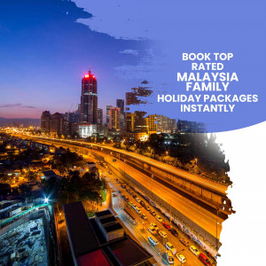 Night view of Kuala Lumpur skyline with text promoting Malaysia holiday packages