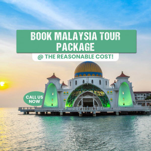 Beautiful view of the Crystal Mosque in Malaysia with a tour package advertisement.