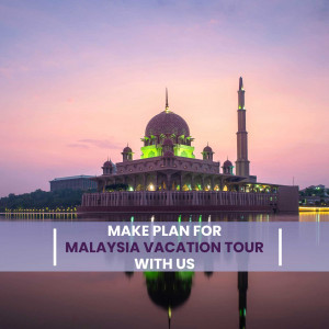 Beautiful view of the Putra Mosque in Putrajaya, Malaysia, with a promotional text overlay.