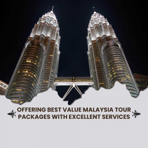 Night view of the Petronas Towers in Kuala Lumpur, Malaysia with text promoting Malaysia tour packages.