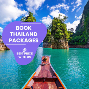 Longtail boat in turquoise waters with lush green islands in the background and a promotional banner for Thailand travel packages.