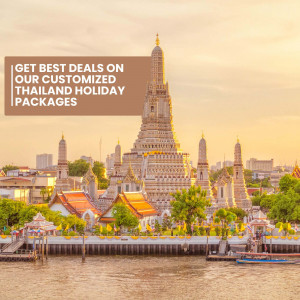 Wat Arun Ratchawararam Ratchawaramahawihan temple in Bangkok, Thailand with promotional text.