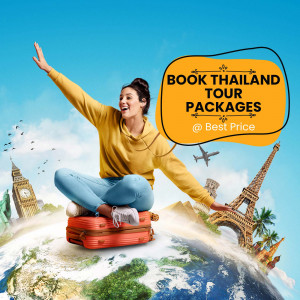 Woman sitting on a suitcase with landmarks in the background promoting Thailand tour packages.