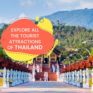 Thai temple with mountains in the background and a graphic promoting tourism.