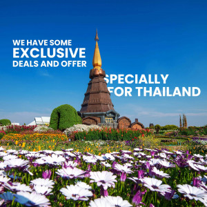 Scenic view of a temple in Thailand with floral foreground and promotional text.