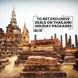 Ancient temple ruins in Thailand with text promoting holiday deals.