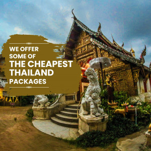 Thai temple with promotional text for cheap Thailand packages