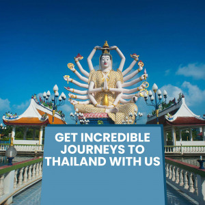 Large white Buddha statue in Phuket, Thailand with a blue sky and promotional text.