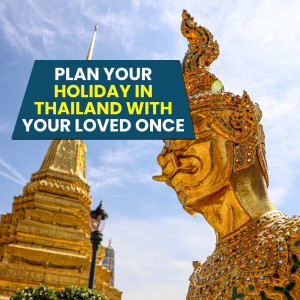Golden temple architecture in Thailand with promotional text