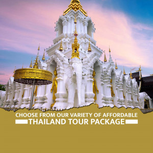 Stunning white temple, Wat Rong Khun, in Chiang Rai, Thailand, promoting affordable tour packages.