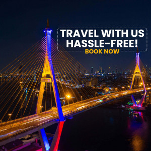 Night view of a brightly lit bridge in Bangkok with travel promotion text.