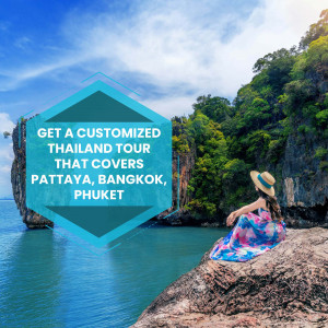Woman overlooking a beautiful coastal landscape in Thailand with text promoting customized tours.