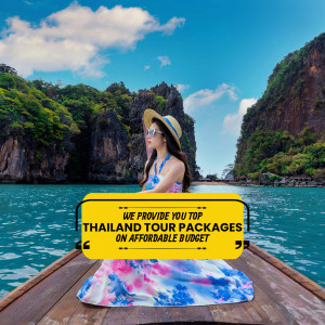 Woman on a boat in Thailand with text overlay promoting affordable tour packages.