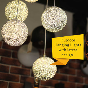 Close-up of decorative outdoor hanging lights with a woven sphere design.