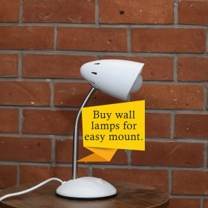 White wall lamp with a promotional banner