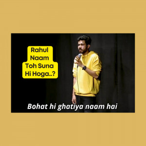 A man performing stand-up comedy on stage with text overlay.