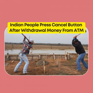 Two men symbolically 'canceling' ATM withdrawals with cricket bats.