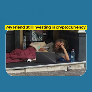 A meme depicting a person lying on the street with a laptop, representing someone who has lost money investing in cryptocurrency.