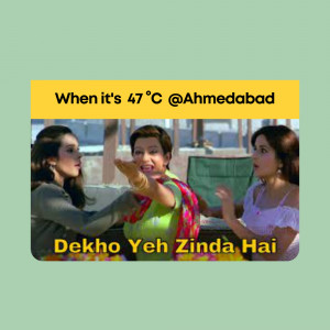 Meme depicting a scene from the Bollywood movie 'Kabhi Khushi Kabhie Gham' with text about the high temperature in Ahmedabad.