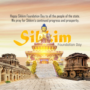 Image celebrating Sikkim Foundation Day with a Buddha statue and historical landmarks.