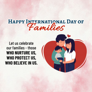 Illustration of a family within a heart shape with text celebrating International Day of Families.