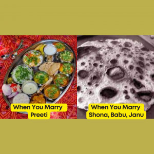 A humorous comparison of a lavish Indian Thali meal and a simple, textured surface representing a typical meal after marriage.