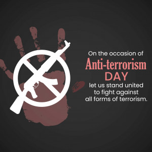 Anti-Terrorism Day poster with a handprint and crossed-out rifle.