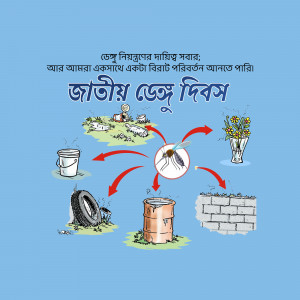 Illustration depicting Dengue awareness with mosquito breeding sites and prevention measures.