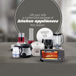 Assortment of kitchen appliances with promotional text