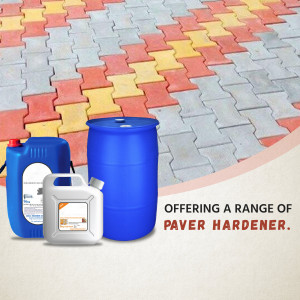 Paver hardener products displayed on a paved surface