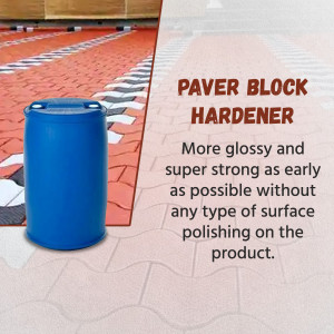 Blue barrel of paver block hardener on a patterned paver surface