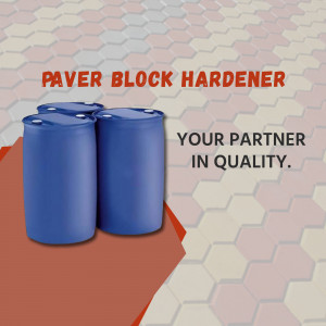 Four blue barrels of paver block hardener with text overlay.