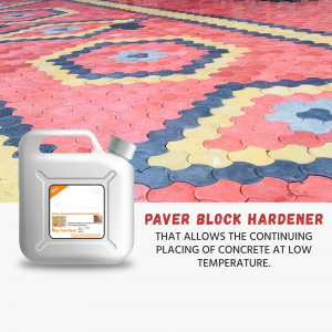 A bottle of paver block hardener placed on a patterned paver surface.