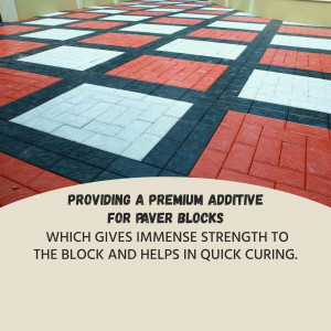 Close-up of red and white checkered paver blocks with text promoting a strength additive.