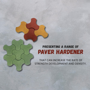 Image showcasing interlocking paver pieces and text promoting paver hardener for increased strength and density.