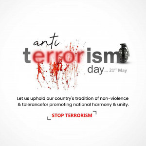 Anti-Terrorism Day poster with blood splatter and grenade illustration