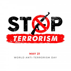 Image depicting the words 'STOP TERRORISM' with a rifle crossed out by a red 'X'.