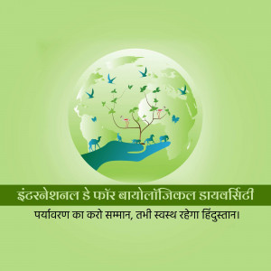 Illustration of a globe held in hands with birds and wildlife, promoting biodiversity and environmental respect.