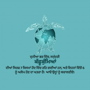 Illustration of a sea turtle swimming with the Earth on its back, with text in Punjabi.