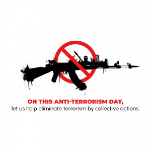 Image depicting a crossed-out assault rifle with a city skyline, promoting anti-terrorism.