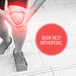 Person holding their knee in pain with a red highlight and text promoting orthopedic services.