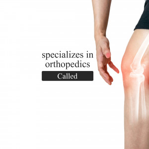 Image depicting a hand pointing to an x-ray of a knee, with text 'specializes in orthopedics Called'