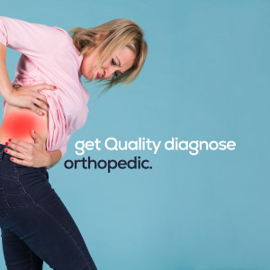 Woman holding her side in pain, indicating abdominal discomfort. Text reads 'get Quality diagnose orthopedic.'
