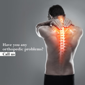 Man holding his neck in pain with a glowing spine, indicating back or neck problems.