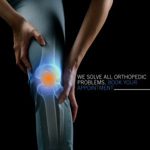Person holding their knee with a glowing skeletal overlay indicating pain and orthopedic care.