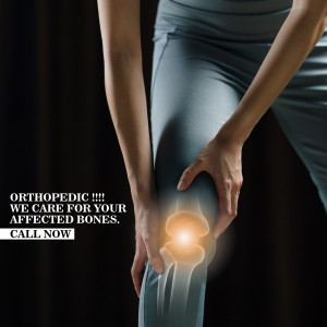 Woman holding her knee in pain with a glowing knee joint illustration. Orthopedic care advertisement.