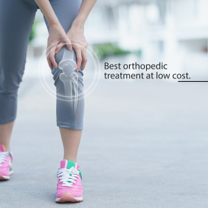 Woman holding her knee with an x-ray overlay, advertising orthopedic treatment.